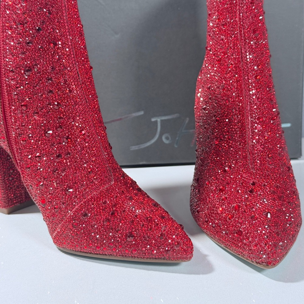Betsey Johnson SB-Cady Red Rhinestone Glass Stone Block Heel Ankle Boots 5.5M - Picture 8 of 12